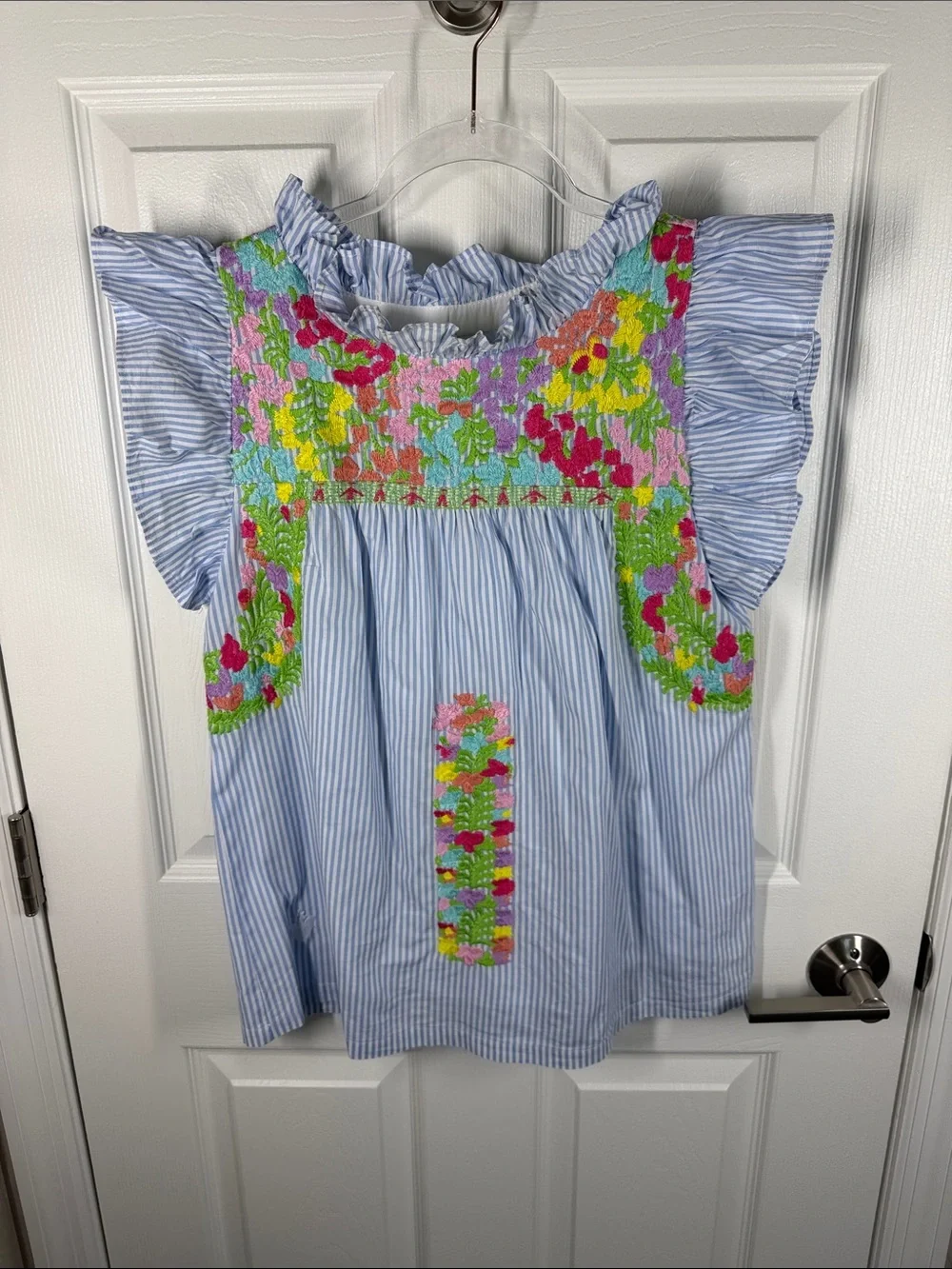 J Marie blue and white striped floral boho embroidered ruffle blouse size small